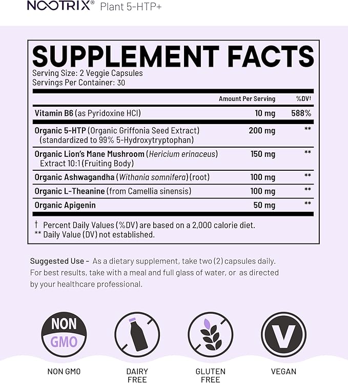 Nootrix Organic Plant 5 HTP+ Supplement | Supports Memory Mental Focus Cognitive Health &amp Energy | Promotes Healthy Mood &amp Brain Function | Vitamin B6 &amp L Theanine |60 Capsules