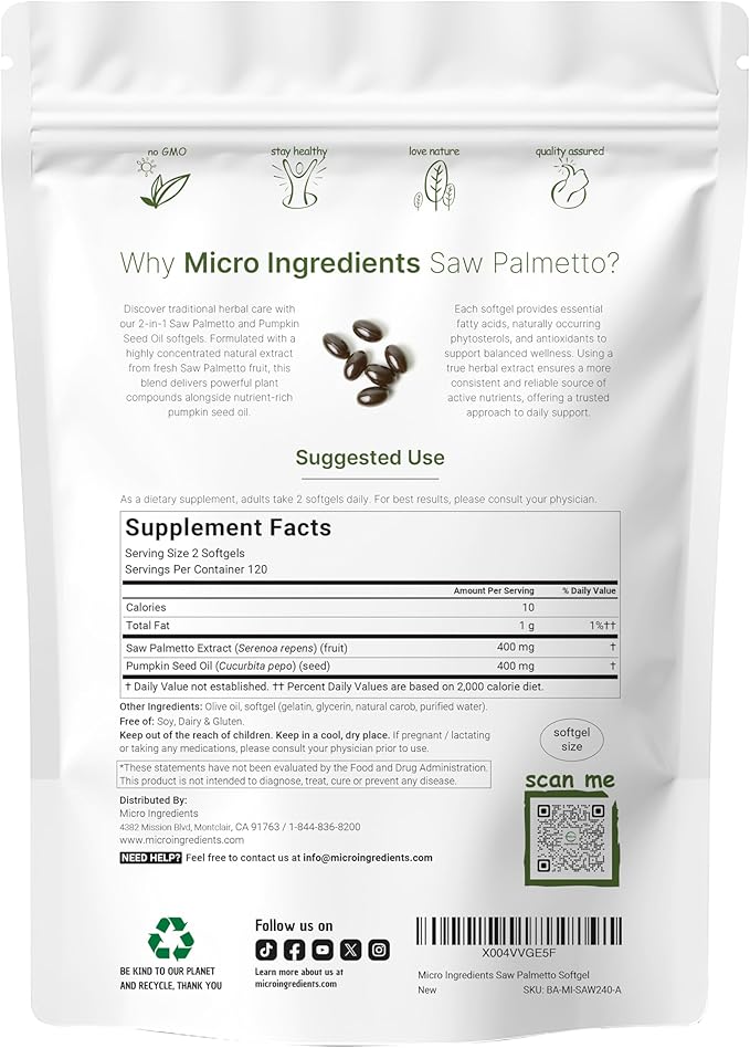 Micro Ingredients Saw Palmetto with Pumpkin Seed Oil for Men 240 Softgels| Cold-Pressed Extract | Virgin Oil Formula | Rich in Essential Fatty Acids &amp Phytosterols | Non-GMO Gluten &amp Soy Fre