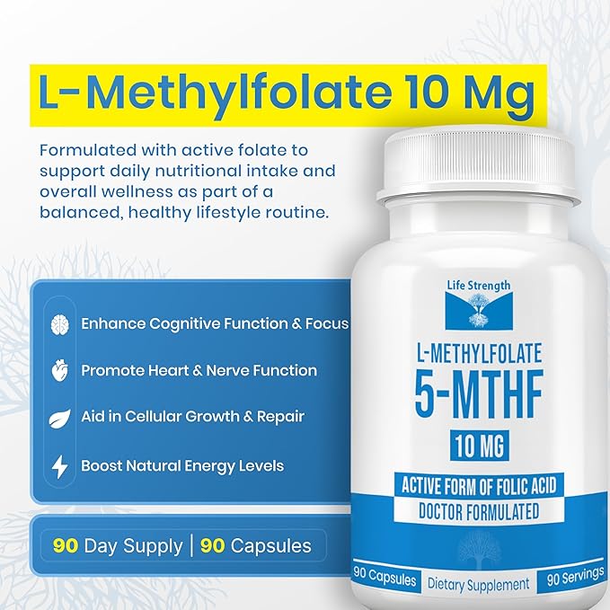 L Methylfolate 10mg | 90 Capsules | Optimized &amp Highly Bioactive Methyl Folate Supplement | 5-MTHF Supports for Energy Focus &amp Mood | Non-GMO Gluten Free Vegan | 3 Month Supply