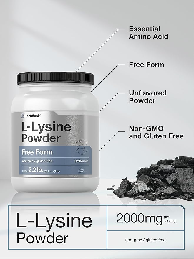 Horbäach L-Lysine Powder | 2.2 lbs | Unflavored Free Form Supplement | Vegetarian Non-GMO Gluten Free Formula
