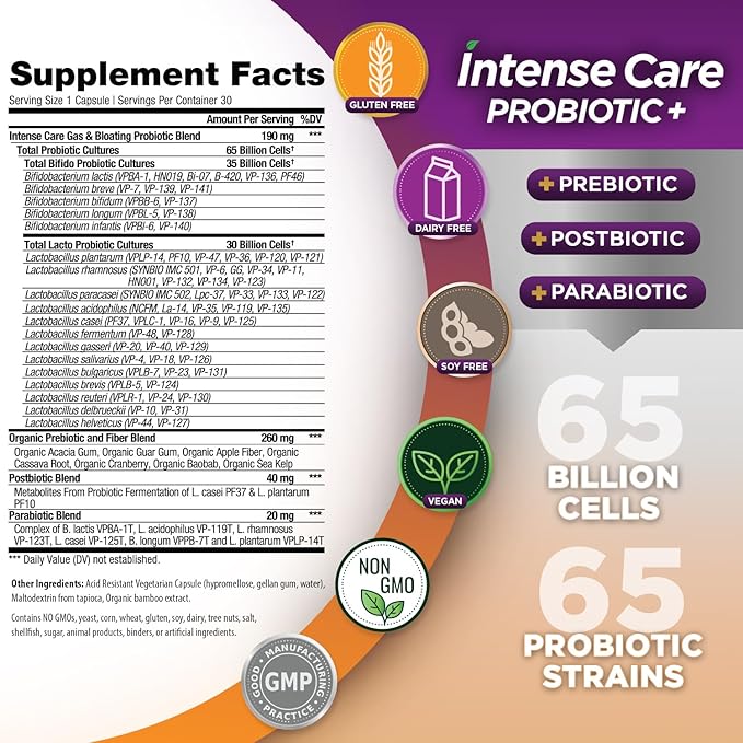 Vital Planet - Intense Care Gas &amp Bloating Probiotics Plus Organic Prebiotics Postbiotics Parabiotics Complete 4-in-1 Supplement for Adults 65 Billion CFU 65 Strains Digestive and Immune 30