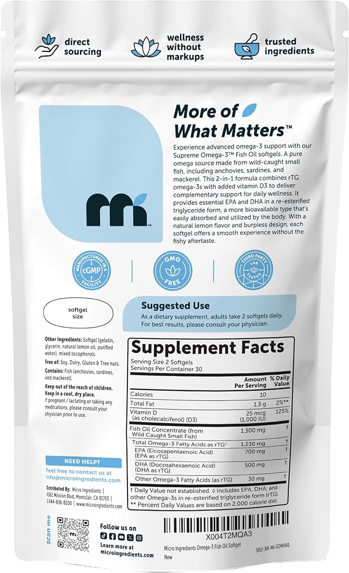 Micro Ingredients Supreme Omega-3 Fish Oil w/Ultra High EPA &amp DHA Burpless Softgels | rTG Omega-3 with Vitamin D3 | Wild-Caught Cold Deep-Sea Fish | Lemon Flavor Easy to Swallow 60ct