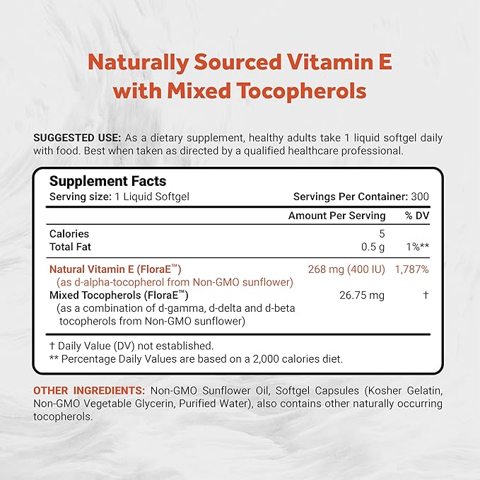 Naturalis Sunflower Vitamin E 268mg (400 IU) with Mixed Tocopherols | Essential Skin Vitamin &amp Immune Support | Non-GMO Soy &amp Gluten Free | 300 Softgels