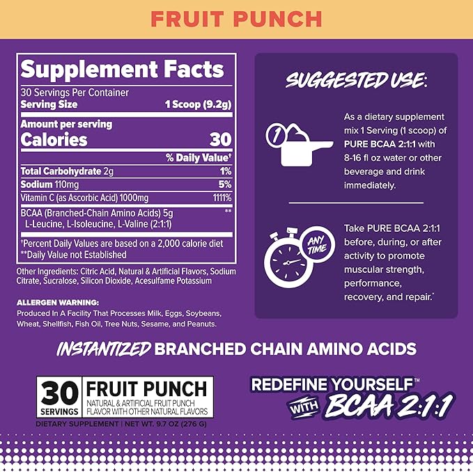 FINAFLEX Pure BCAA 2:1:1 Fruit Punch - 9.7 oz - Promotes Strength Recovery &amp Performance - with 2:1:1 Ratio of Leucine Isoleucine &amp Valine + Vitamin C - 30 Servings (Pack of 2)