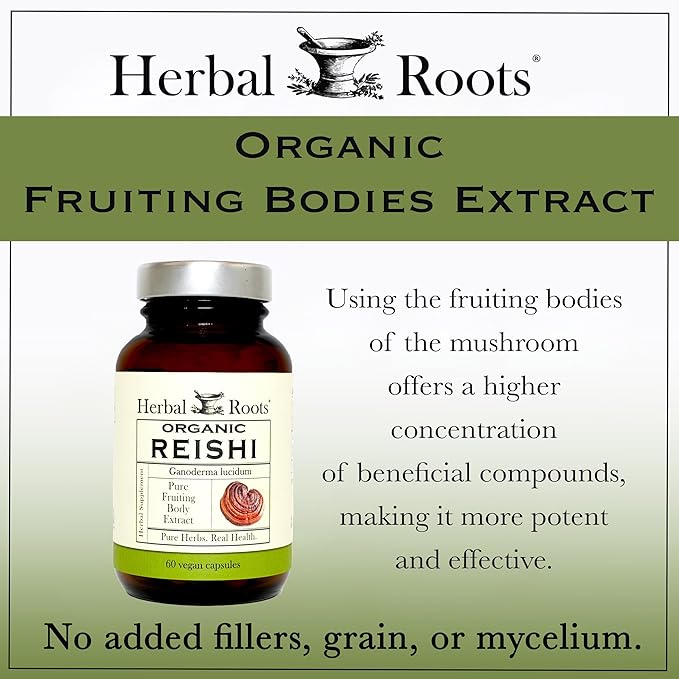 Herbal Roots Organic Reishi Mushroom Capsules - Made with Fruiting Bodies - Support Energy Vitality Immune &amp Heart Health - 60 Vegan Capsules