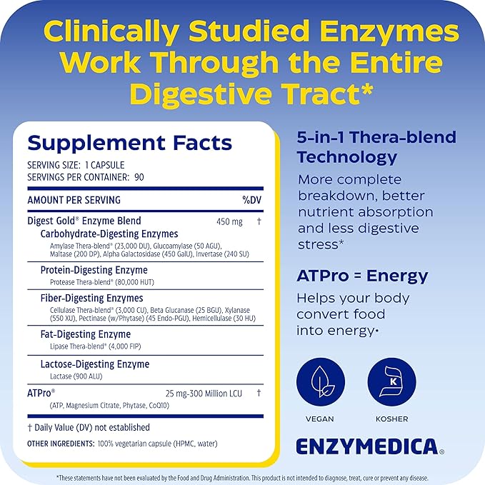 Enzymedica Digest Gold - Digestive Enzyme Supplement for Women &amp Men Enzyme Capsules for Digestion Gut Health Support Helps Gas &amp Bloating ATPro Energy Support Maximum Strength Vegan - 9