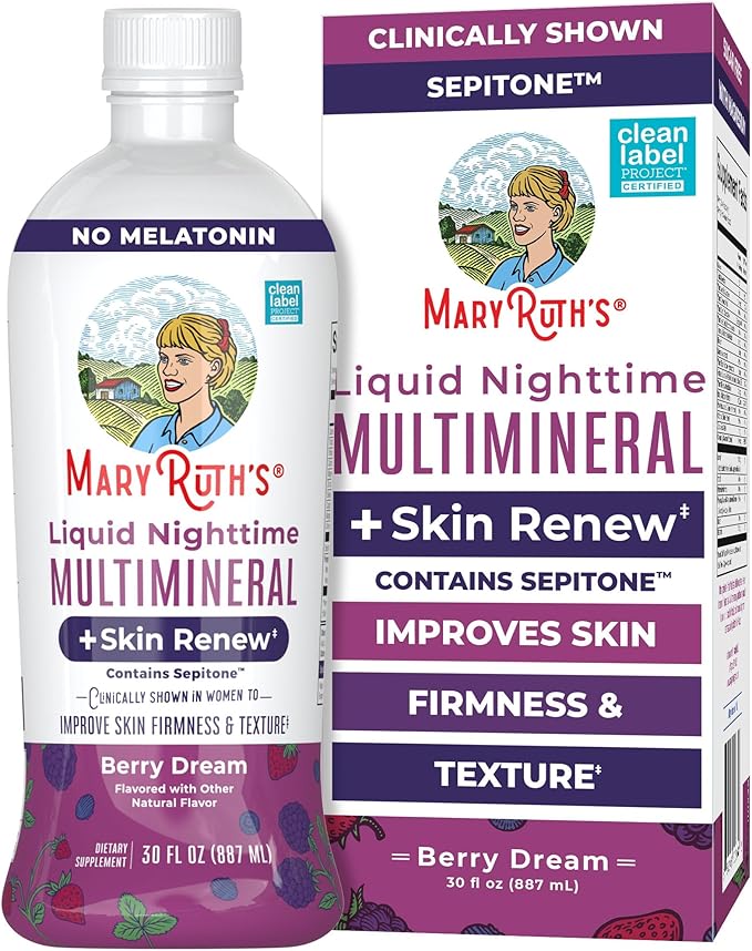 MaryRuth's Liquid Nighttime Liquid Multimineral + Skin Renew | Clinically Shown in Women to Reduce Fine Wrinkle &amp Improve Skin Firmness | Sepitone | NO Melatonin | Magnesium | Vegan | 30 Servings
