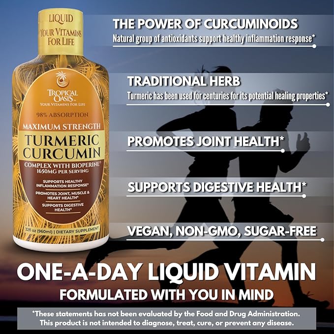 Tropical Oasis Liquid Turmeric Curcumin w/Bioperine - 1650mg Maximum Strength Turmeric Supplement with Black Pepper &amp Vitamin C - 98% Absorption Rate - 32oz