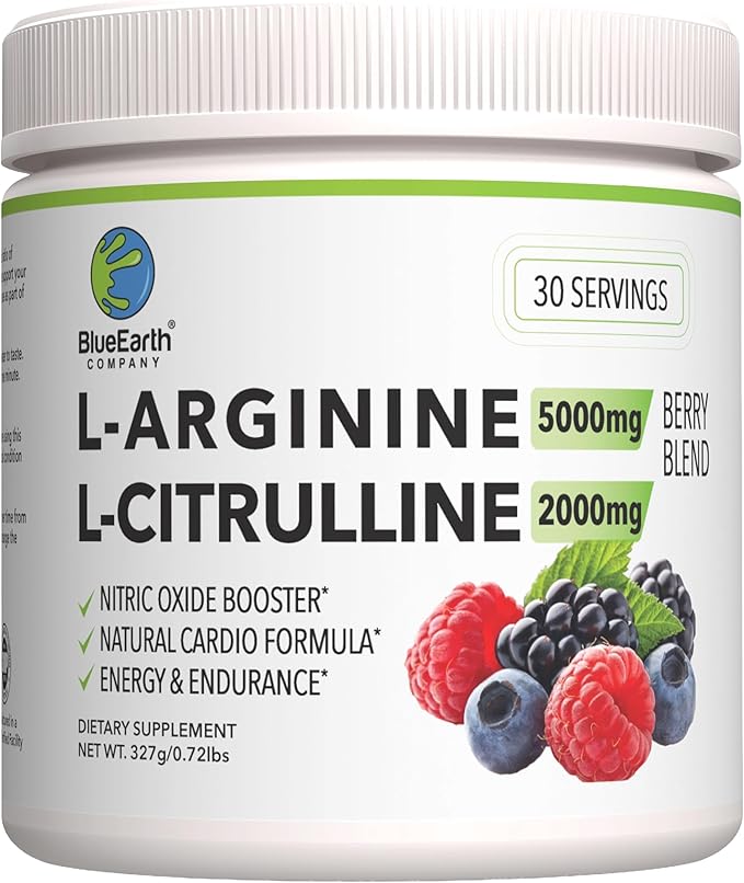 L-Arginine 5000mg + L-Citrulline 2000mg Complex Powder Supplement - Nitric Oxide Booster - Heart Health Blood Flow Energy &amp Endurance - 30 Servings (Berry Blend)