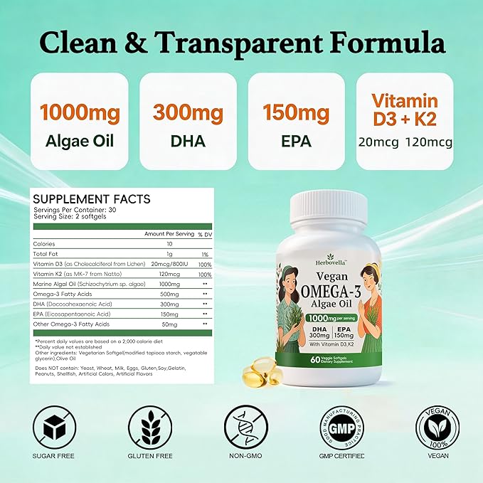 Vegan Omega 3 Softgels from Algae Oil – Fish Oil Alternative DHA 300mg EPA 150mg with Vitamin D3 K2 No Fishy Taste Plant-Based Omega-3 Supplement