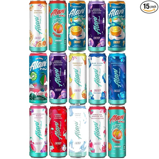 (15 Packs) Alani Nu Energy Drink Variety Pack | 12 Different Flavors : Mimosa  Arctic White  Dream Float Blue Slush  Breezeberry Cherry Slush Hawaiian Shaved Watermelon Wave -12 fl. oz. (Packin