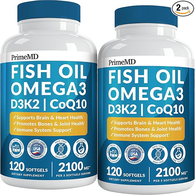 5-in-1 Fish Oil Omega 3 Supplements (2100mg) - Fish Oil with Vitamins D3 &amp K2 and CoQ10 - EPA DHA Omega 3 Supplement - Lemon Flavored Fatty Acid Supplements Pack of 2