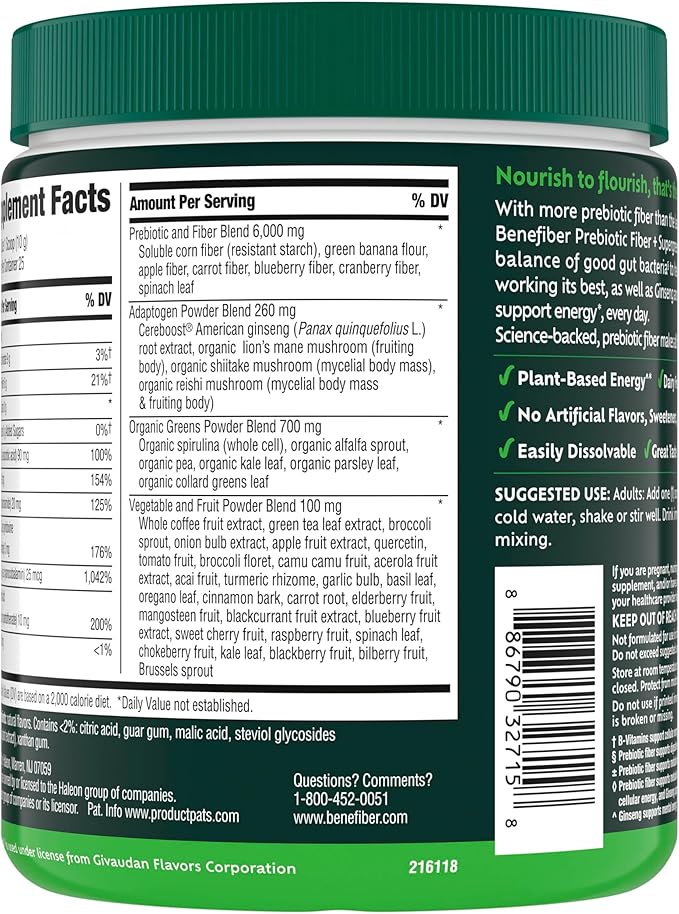 Benefiber Prebiotic GLP-1 Friendly Fiber + Supergreens Dietary Supplement Powder Watermelon Lemonade Flavor 8.8 oz (250g)