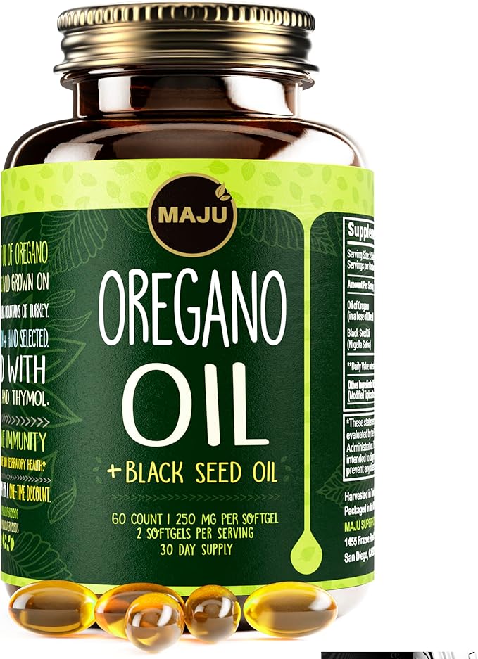 MAJU Oregano Capsules w/Black Seed Oil 2-in-1 Softgel Oil of Oregano Potent 90%+ Carvacrol High Thymoquinone 60 Count 500mg per Serving Wild Oregano and Black Seeds