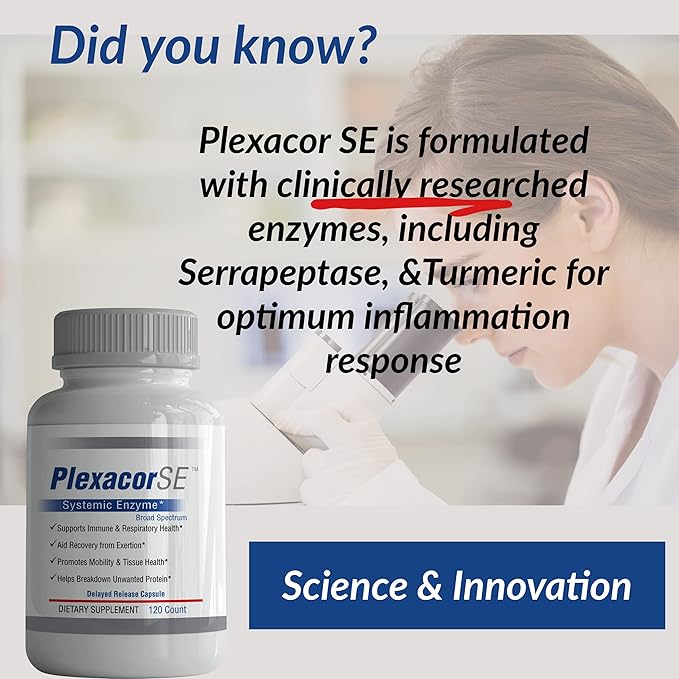New Plexacor Multi-Enzymes Fibrin Defense 6-in-1 SuperEnzyme Blend with Rutin Serrapeptase &amp Superior Turmeric for Healthy Immune Support - 120 Count