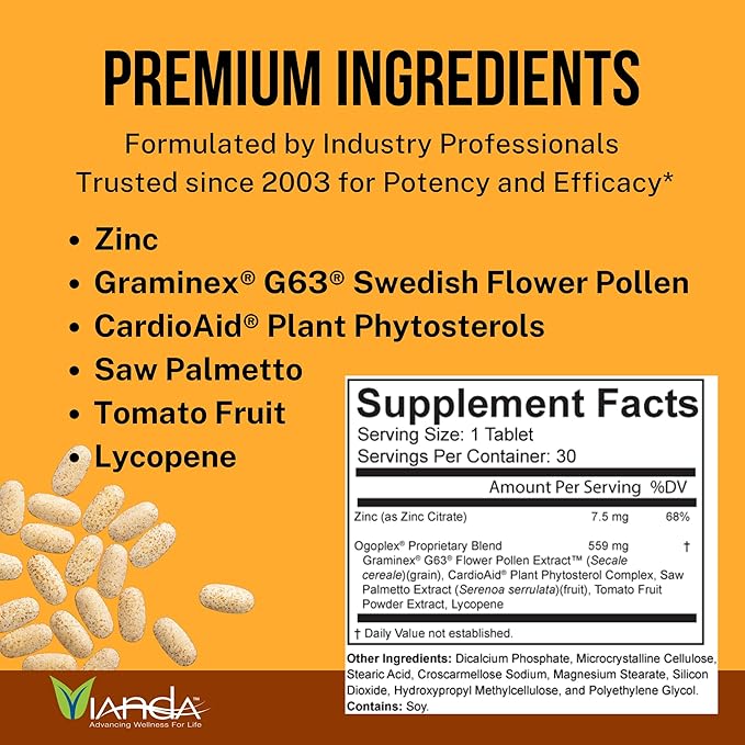 Ogoplex® | Men's Prostate Support Health Supplement with Graminex® Swedish Flower Pollen Saw Palmetto Phytosterols &amp Lycopene - 1 A Day - 30 Tablets (3 Pack)