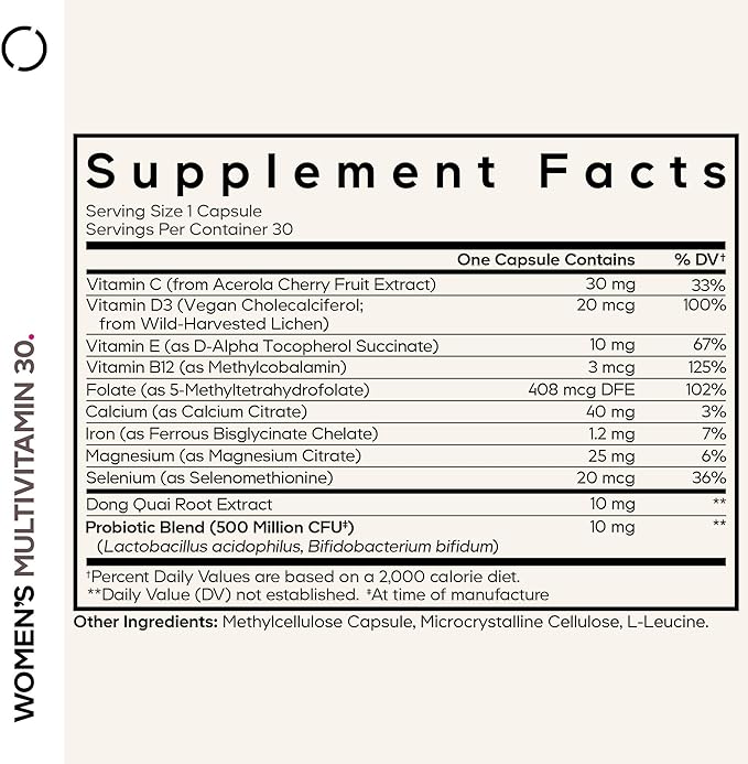 Codeage Women’s Multivitamin - Vitamins A C D3 E B6 B12 Folate Calcium Magnesium Iron Dong Quai Probiotics - 1 Capsule Per Serving - Daily Vitamin Pills for Women - Non-GMO - 30 Capsules