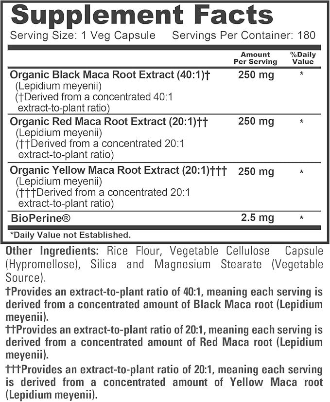 NusaPure Maca Root Black Red Yellow Capsules 750 mg 180 Veg Capsules (Non-GMO Vegan)