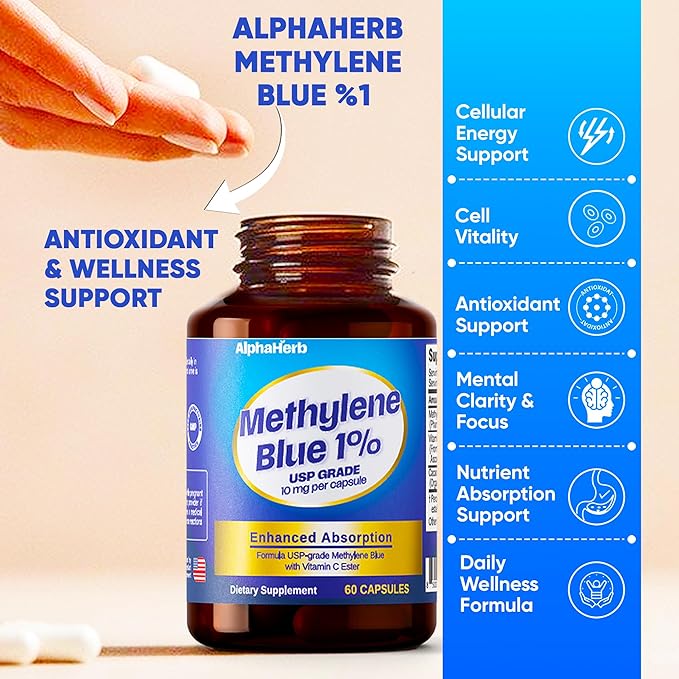 Methylene Blue Pharmaceutical Grade USP Grade – Enhanced Absorption with Vitamin C Ester &amp Cacao Powder – Energy Antioxidant Support &amp Cognitive Focus – 60 Methylene Blue 1% Vegan Capsules