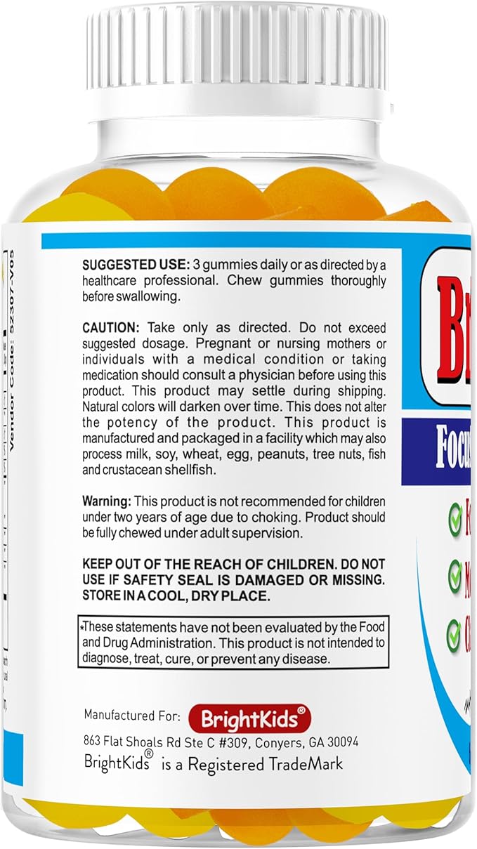 BrightKids Focus Gummies for Kids &amp Teens – Brain Gummies for Memory and Focus Omega 3 DHA Brain Vitamins for Kids Attention &amp Learning Support Supplement Drug-Free Made in USA 60 Count