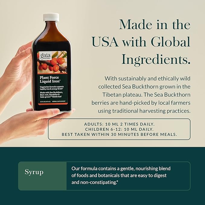 Gaia Herbs Plant Force Liquid Iron - Vegetarian Supplement to Help Maintain Healthy Energy Levels - with Star Anise Sea Buckthorn Beet Root Dandelion &amp Nettle - 16 Fl Oz (47 Servings)