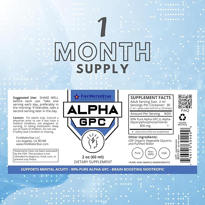 FWS Alpha GPC 300 mg Liquid Alpha GPC Choline Organic Non-GMO Fast Acting Nootropic Brain Supplement for Memory and Focus Supports Healthy Brain Function for Mental Clarity