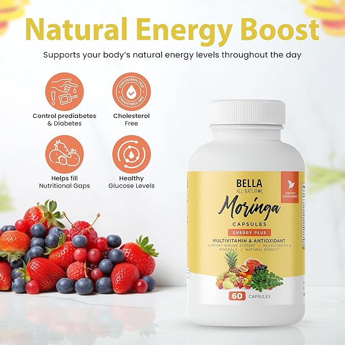 Bella All Natural Moringa Capsules 60 Count - Moringa Oleifera Leaf Supplement with Pomegranate &amp Elderberry Flavor Pure Organic Moringa Capsules for Immune Energy &amp Skin Health Support