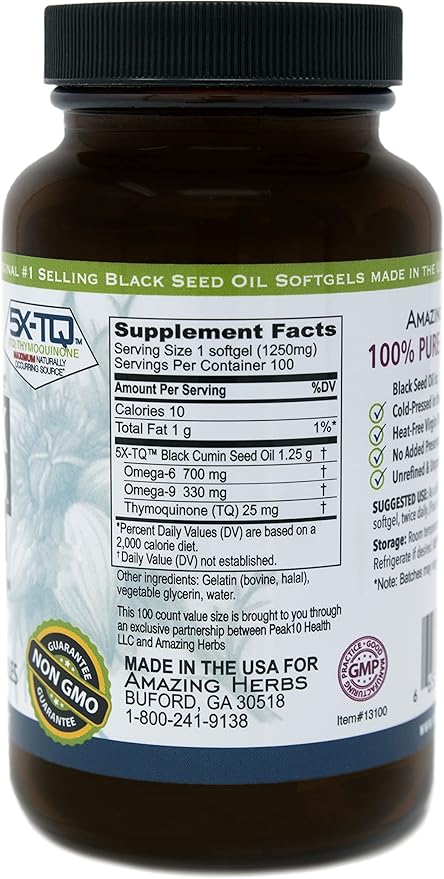 Amazing Herbs Black Seed Oil Pills 1250mg 100 Softgel Capsules - Cold-Pressed | Non GMO