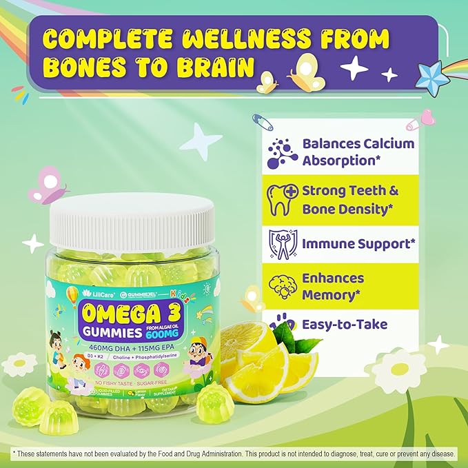 Omega-3 for Kids 4+ Focus DHA Gummies Plus EPA from Algae Vitamin D3 K2 Choline &amp PS for Bone Cognitive &amp Immune Health Zero Sugar Ultra-High DHA Fish Oil Alternative Children Ages 4+ 1