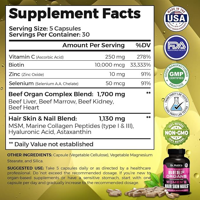 Primal Beef Organ Supplement for Women + 8 Hair Growth Vitamins Queen Blend for Hair Skin and Nails Biotin (10000mcg) Collagen Peptides Beef Liver MD Formulated 4 Beef Organs for Women 150 Caps
