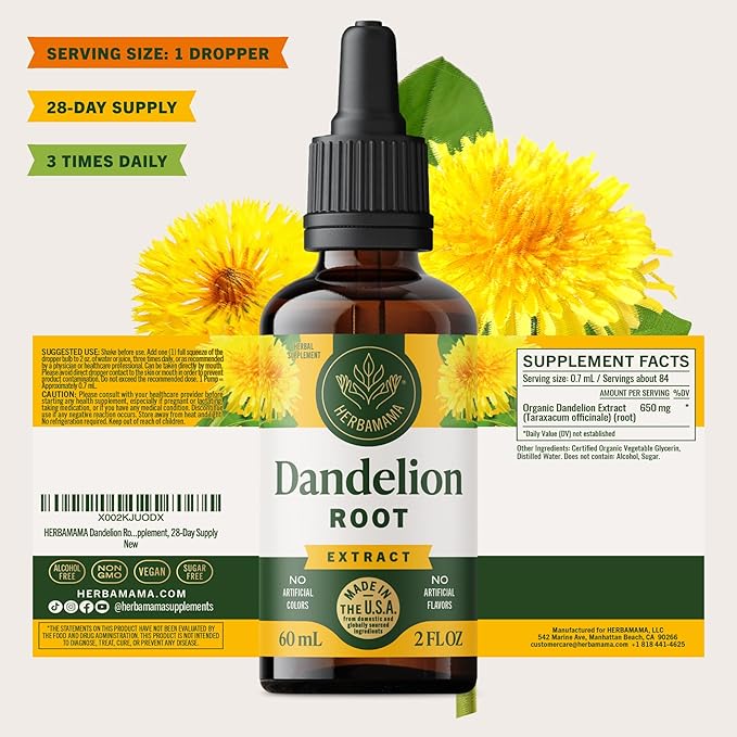 HERBAMAMA Dandelion Root Extract for Liver Detox – Lymphatic Drainage Drops – Dandelion Root Supplement – Non-GMO Alcohol &amp Sugar-Free Liver Support Supplement - 28-Day Supply