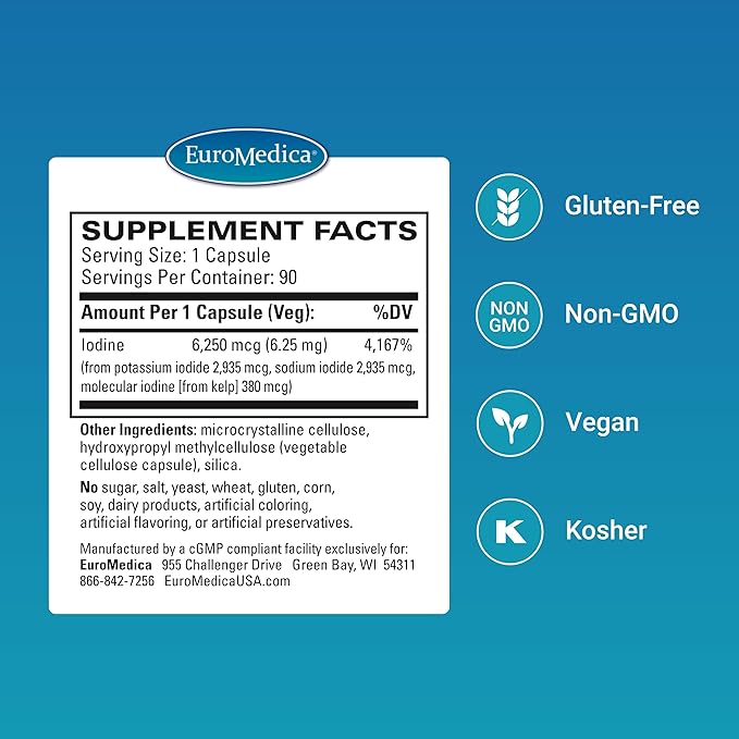 EuroMedica Tri-Iodine - Support Thyroid Health - Aids Hormone Balance with Molecular Iodine from Kelp - Features Potassium Iodide &amp Sodium Iodide - Brain &amp Energy Support - 6.25mg 90 Capsules