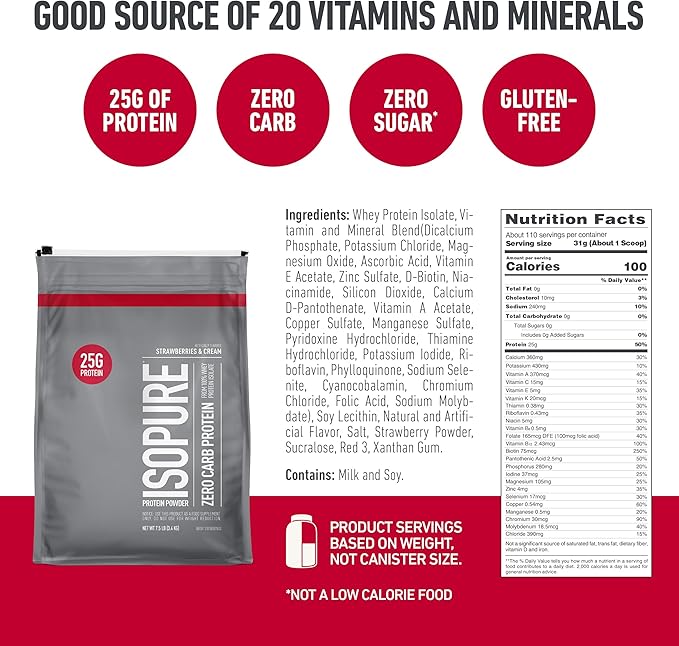 Isopure Zero Carb 100% Pure Whey Isolate Protein Powder Gluten Free With Vitamins Strawberries &amp Cream 25g Protein Per Serving 7.5 Lbs 110 Servings (Packaging May Vary)