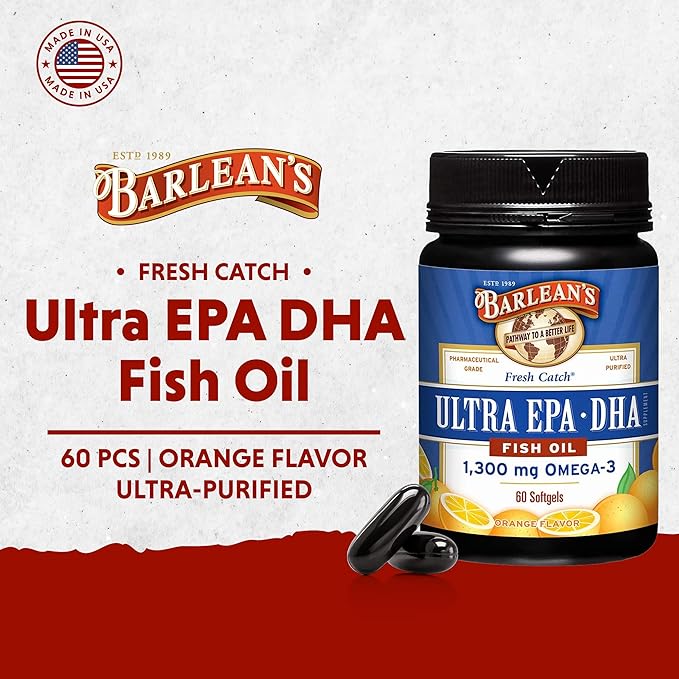 Barlean's Omega 3 Fish Oil Supplements Supplement Softgels for Men and Women 1300 mg Ultra EPA and DHA Fatty Acids Orange Flavored 60 Count