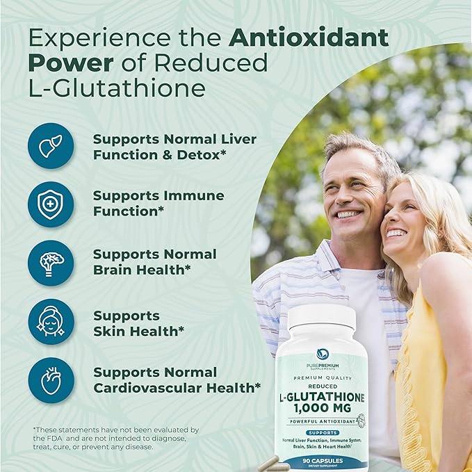 PurePremium Reduced Glutathione 1000mg per Serving – 98% Purity – L-Glutathione Supplement 500mg per Capsule – Antioxidant Supplement for Liver Detox Skin Brain &amp Immune Support – 45-Day Supply