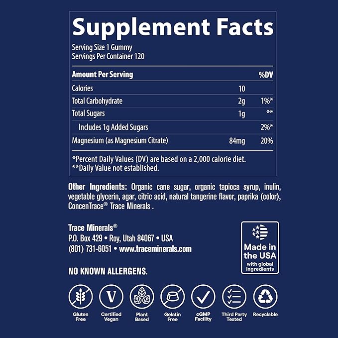 Trace Minerals Magnesium Gummies - Supports a Calm Mindset - Magnesium Chewables for Kids &amp Adults - Bone Digestion Heart Health &amp Immune Support - Peach Flavor - 120 Count (120 Servings)