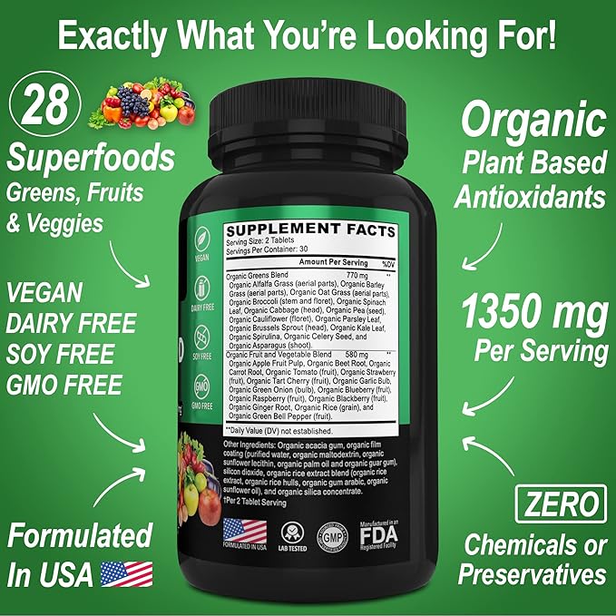 Adrenal Support &amp Organic Superfood Greens &amp Fruit Supplements - Daily Energy Super Food Fruits and Veggies Supplement Tablets Plus Vegetable Foods