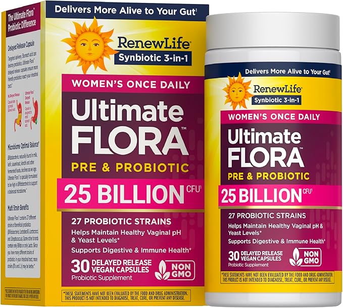 Renew Life Ultimate Flora Probiotics for Women with Prebiotics | 25 Billion CFU | 30 Delayed Release Capsules | 3 in 1 Synbiotic | Supports Digestive and Immune Health | Dairy Soy and Gluten-Free