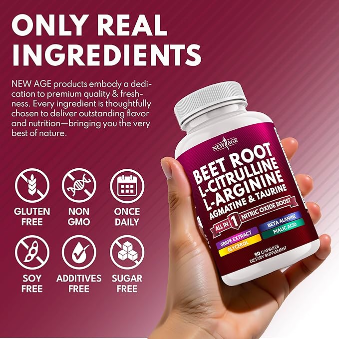 NEW AGE Beet Root Capsules - L Arginine L Citrulline Nitric Oxide Beetroot Powder Arginine Citrulline Supplement – 90 Vegan Capsules