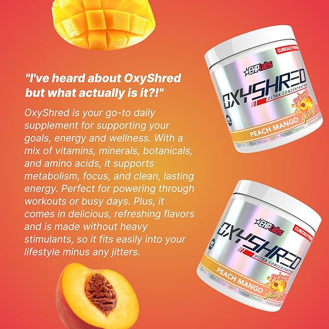 EHP Labs OxyShred Pre Workout Powder - Preworkout Powder with L Glutamine &amp Acetyl L Carnitine Energy Boost Drink - Peach Mango 60 Servings