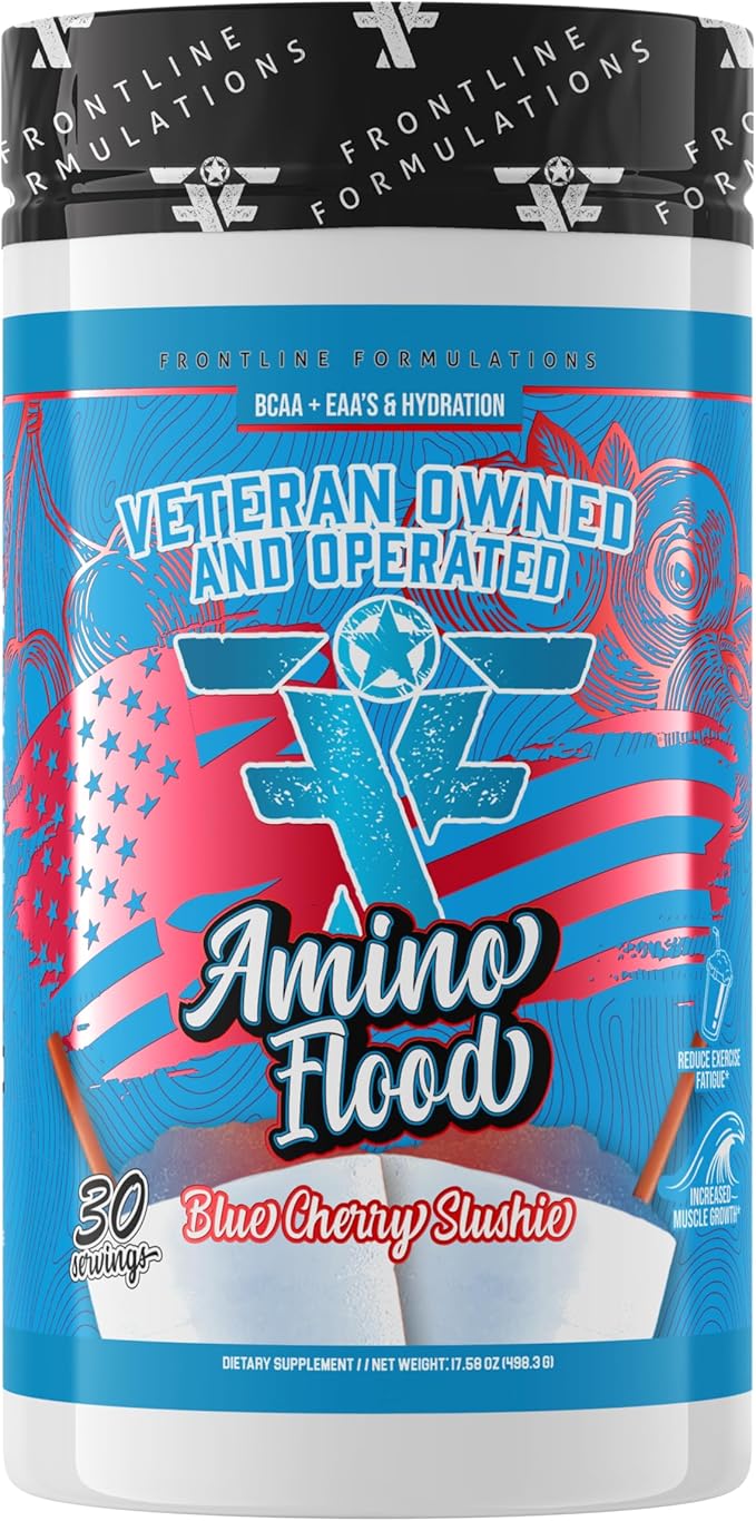 Amino Flood from Frontline Formulations - BCAA + EAA Recovery &amp Hydration Formula – Muscle Support Electrolytes &amp Endurance – Amino Acid Supplement for Intra &amp Post Workout Blue Cherry Sl