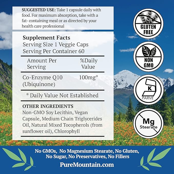 Pure Mountain Botanicals Coq10 100mg Softgels - 60 Vegan Kosher Capsules with Ubiqunone Coenzyme Q10 Supplement