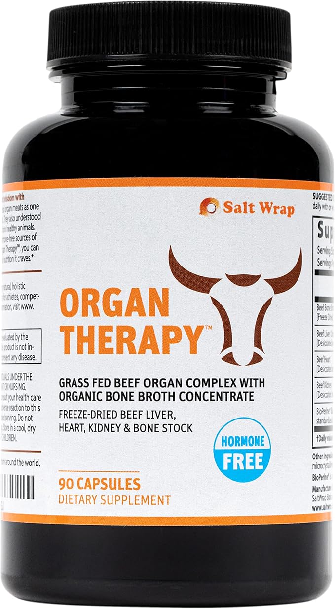 SaltWrap Organ Therapy - Grass Fed Beef Organ Meat Complex Supplement with Organic Bone Broth Concentrate (Beef Liver Heart Kidney and Bone Broth Capsules with BioPerine) Desiccated 90 Capsules