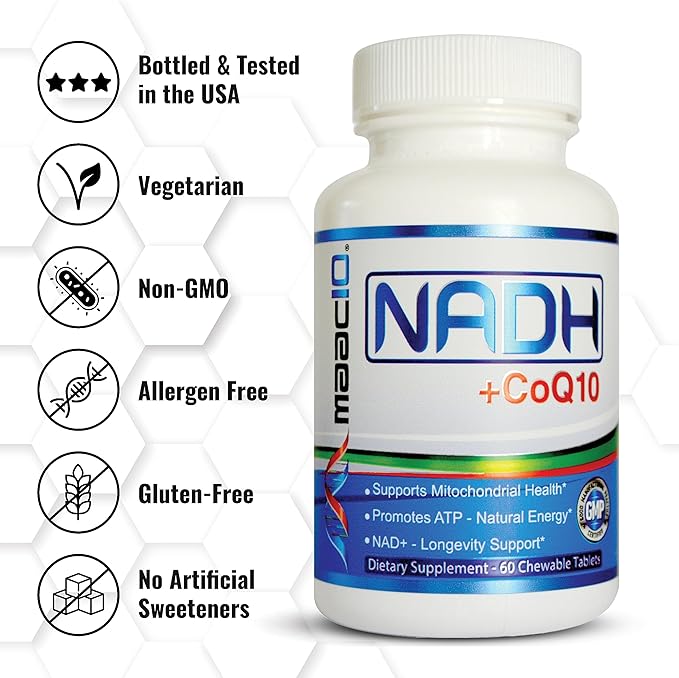 MAAC10 NADH + CoQ10 Supplement | Great Tasting Chewable Tablets | 50mg PANMOL® NADH + 100mg CoQ10 | for Fatigue Energy and Mental Focus | NAD+ Supplement (60 Tablets 2 per Serving)