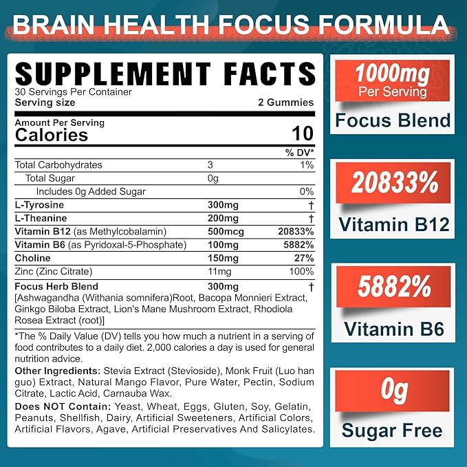 Sugar Free L-Tyrosine Gummies 300mg L-Theanine 200mg Vitamin B6 100mg &amp B12 500mcg Brain Health Herbs 300mg w/Ginkgo Biloba Rhodiola Rosea Lion's Mane Mushroom for Sustained Focus &amp Energy