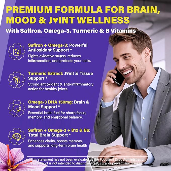 Nextdia Saffron Supplements - 100mg Liposomal High Absorption 100% Pure Saffron Extract with Magnesium Glycinate Omega-3 Turmeric Ashwagandha Vitamin B6 B12 D3 for Mood Brain - 60 Softgels.
