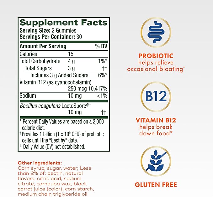 Align Probiotic Bloating Relief + Food Digestion Probiotics for Women and Men Probiotic Helps Soothe Occasional Bloating* With Vitamin B12 to Help Break Down Food into Cellular Energy*60 Gummies