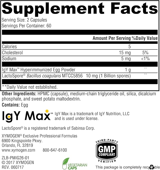 XYMOGEN ProbioMax IG 26 - Immunized Egg Powder &amp Bacillus Coagulans - Digestive Health Support - Vegetarian Gluten-Free &amp Non-GMO - 120 Capsules