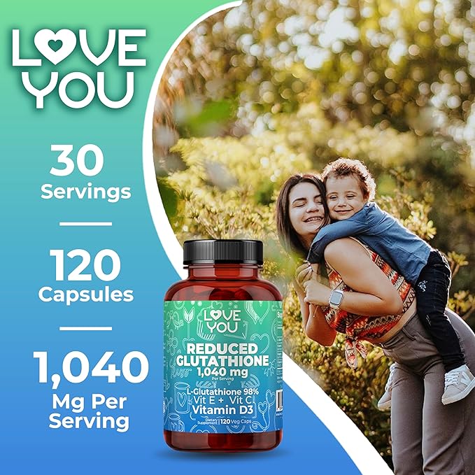 Love You Reduced Glutathione 98% Purity 1040 mg + Vitamin C E &amp D3 - Intracellular Antioxidant - Supports Detoxification &amp Immune Function - 120 Veggie Caps 30 Servings