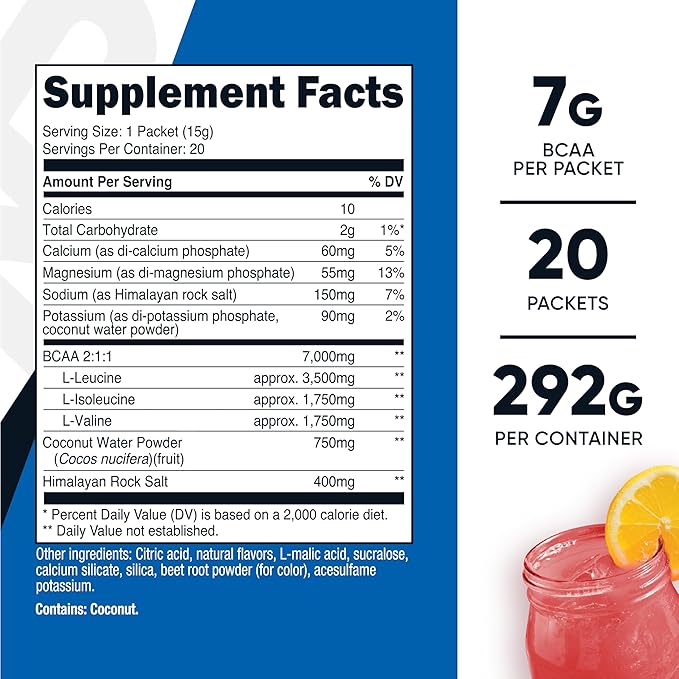 Nutricost BCAA+ Hydration Raspberry Lemonade (20 Stickpacks) - Branched Chain Amino Acids with Hydration Complex - Gluten-Free Non-GMO